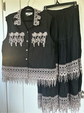St. Joanne Vintage 2PC Set 2XL Plus Black Cotton Lace Boho Broomstick Skirt Vest